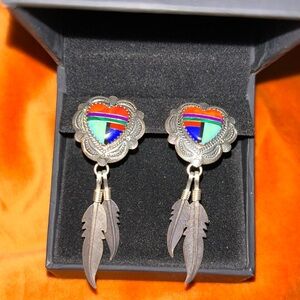Southwestern style heart shaped silver earrings